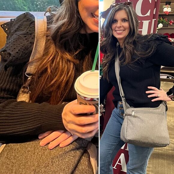 LILLA P Eyelet Ruffle Shoulder Trimmed Crew Neck Ribbed Sweater Black L - Picture 9 of 11